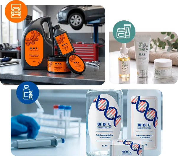 Rótulos e etiquetas personalizados WBL aplicados em frascos, potes e embalagens de diferentes segmentos
